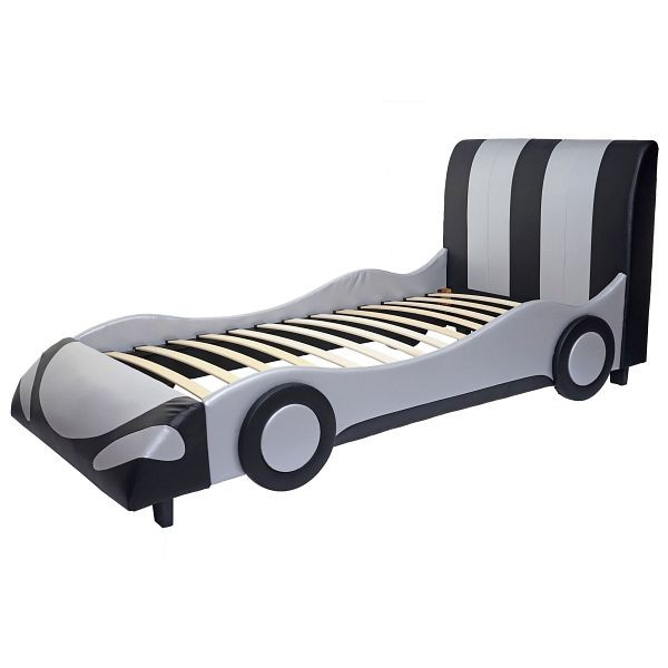 Mendler bed HWC-E14, auto jongensledikant jeugdbed, lattenbodem kunstleer hout 190x100cm, zwart-zilver, 65055+65056+65057