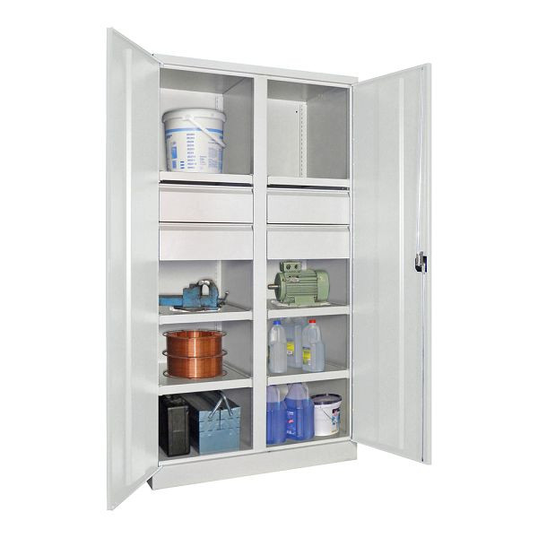 Pavoy Schwerlastschrank 1950/1040/630, Trennwand, 6 gepulverte Fachböden, 4 Schubladen, Flügeltüren, Drehgriff mit Zylinderschloss, 36366-104-007-910118