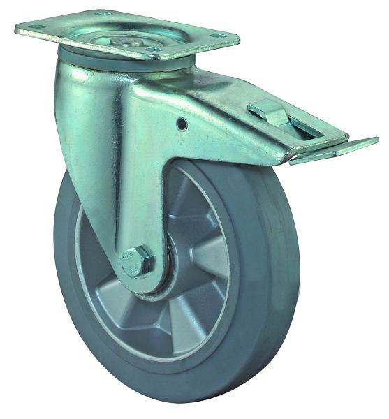 BS Rolls Zwaarlastwiel met rem, breedte 50 mm, Ø200 mm, tot 450 kg, grijze elastische banden, aluminium wiellichaam, kogellagers, L620.B83.200