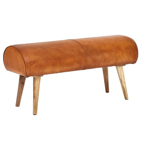 Wohnlingbank echt leer / massief houten bank 100x53x40 cm, bruin, WL6.086