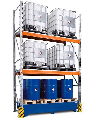 DENIOS palletstelling voor gevaarlijke stoffen, basisveld, 3 opslagniveaus, gelakte opvangbak, 2900 x 1300 x 4400 mm, 305416