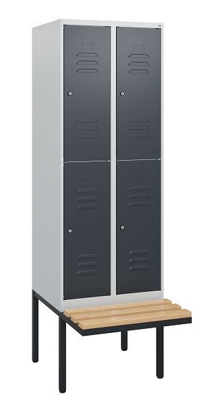 C+P dubbeldekskast Classic PLUS, 2 compartimenten, 1950x600x815mm, 7035/7016, cilindersloten, beukenhouten zitlatten, zitting, 0803405-20 S10038