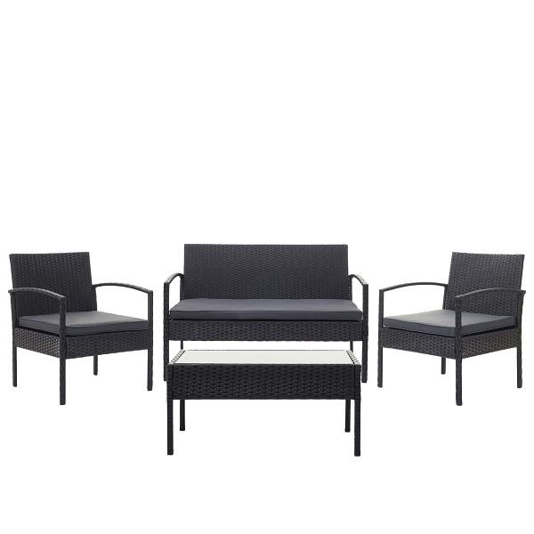 Mendler HWC-F56 polyrotan set, balkon/tuin/loungeset, zwart, donkergrijze kussens, 69822