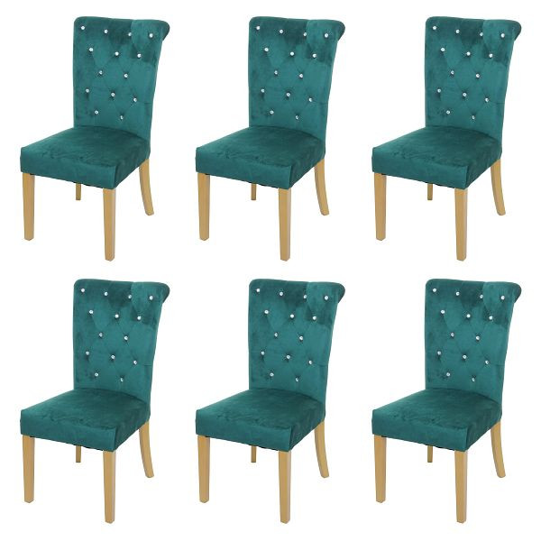 Mendler Set van 6 eetkamerstoelen HWC-D22, stoel keukenstoel, studded velvet, donkergroen, goudkleurige poten, 3x74563