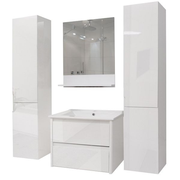 Mendler badkamerset HWC-B19, wastafel wandspiegel 2x bovenkast, hoogglans, wit, 57615+57614+57616+2x57618