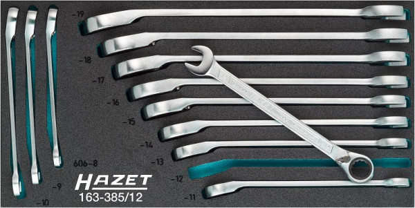 Hazet combinatieratelsleutelset, extern dubbel zeskant tractieprofiel, 8 - 19, aantal gereedschappen: 12, reserveonderdelen: 163-385L, 163-385/12