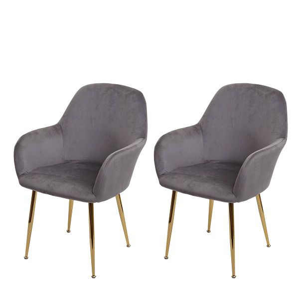 Mendler Set van 2 eetkamerstoelen HWC-F18, stoel keukenstoel, retro design, grijs velours, gouden poten, 83092