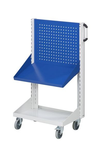 ANKE geperforeerde metalen basiswagen en schuine plank; 800x450x1350 mm; RAL 7035/5010; met 1x geperforeerd plaatpaneel; 1x dienblad geneigd 450 mm, 962.043