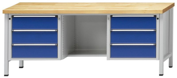 ANKE kastwerkbank; 2000x700 mm; RAL 7035/5010; 3 laden links; Ga terug in het midden van de vloer; Rechts 3 laden