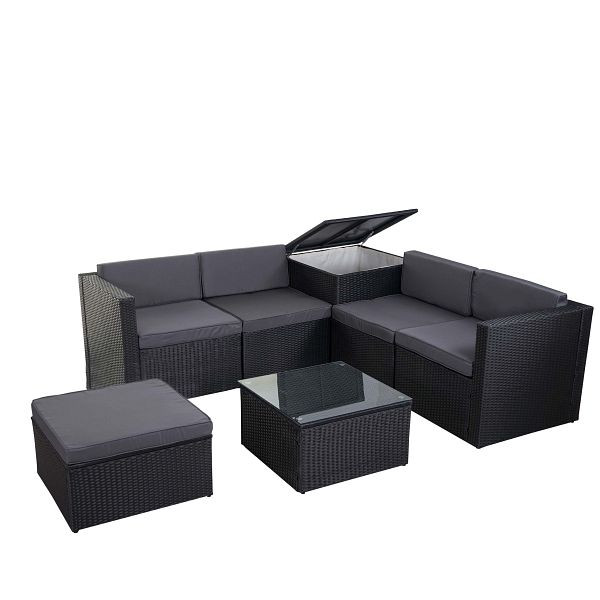 Mendler HWC-D21 poly rotan set, balkon-/tuin-/loungeset, bankzitgroep, opbergbox, antraciet, donkergrijze kussens, 58613+58614+58615