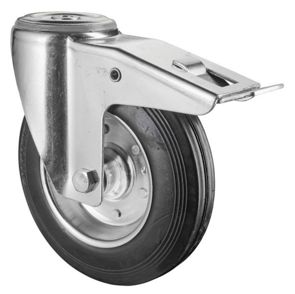 BS rollen transportrol met rem, breedte 50 mm, Ø200 mm, tot 200 kg, zwart rubberen loopvlak, wiellichaam stalen velg, rollager, L121.B55.200