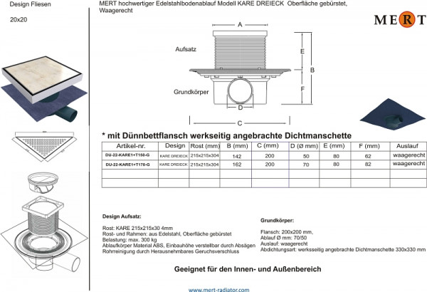 MERT basislichaam, flens 50 mm dia., afdichtmanchet voorgemonteerd in de fabriek, verticale afvoer, afvoeraansluiting Ø 100 mm, afvoer met Ø 50 mm, DU-T250-G
