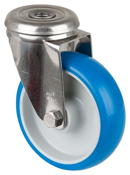 BS rollen RVS transportrol, breedte 32 mm, Ø100 mm, tot 110 kg, loopvlak polyurethaan blauw, wiellichaam kunststof, glijlager, H101.B32.100