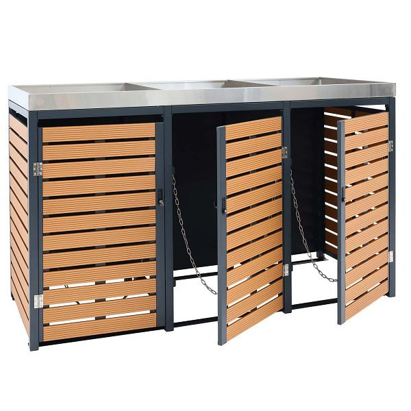 Mendler HWC-K14 3-zits vuilnisbak bekleding, vuilnisbak met plantenbak, 112x63x78cm WPC RVS 107kg, teak, 87636+87637+87638