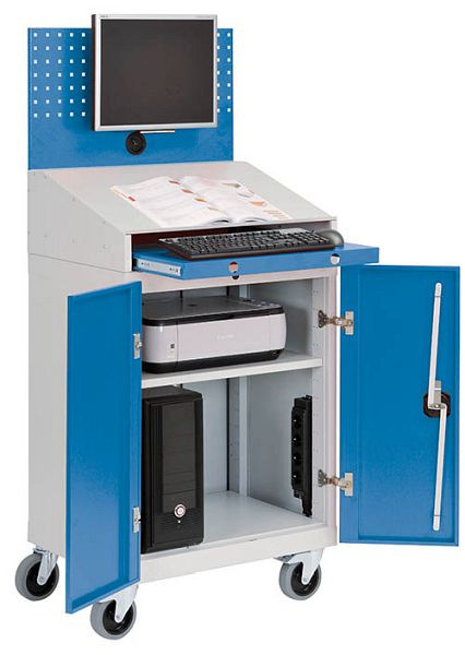 Bedrunka + Hirth computerwagen T500-1, vleugeldeuren, 1 x toetsenbord uittrekbaar, 1 x legplank, geperforeerde achterwand, 1 x toetsenbord uittrekbaar, 04.680.C125