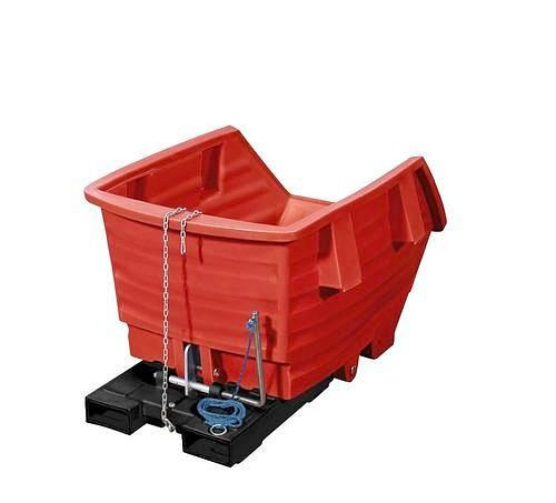 DENIOS Kippwagen aus Polyethylen (PE), mit Gabeltaschen, 500 Liter Volumen, rot, 153576