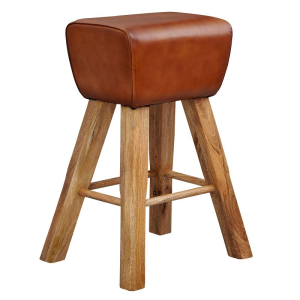Wohnling barkruk gymnastiek 43 x 75 x 43 cm mango massief hout / echt leer, bruin, zonder rugleuning, WL6.011
