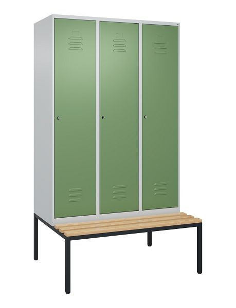 C+P luierkastje Classic PLUS met middenwand, bank, 3 vakken, 2120x1200x815mm, 7035/6011, cilindersloten, beuken zitlat, 0800507-32F S10050