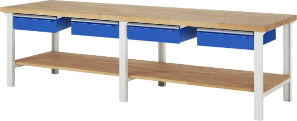 RAU werkbank serie 7000 - modulair ontwerp, 4 onderladen, massief beukenhouten legbord, 3000x840x900 mm, 03-7002A7-309B4S.11