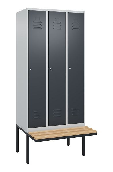C+P Umkleidespind Classic PLUS, 3 Abteile, 2120x900x815mm, 7035/7016, Zylinderschlösser, Buche-Sitzleisten, je 2 Doppel-Haken, 0800407-30F S10052