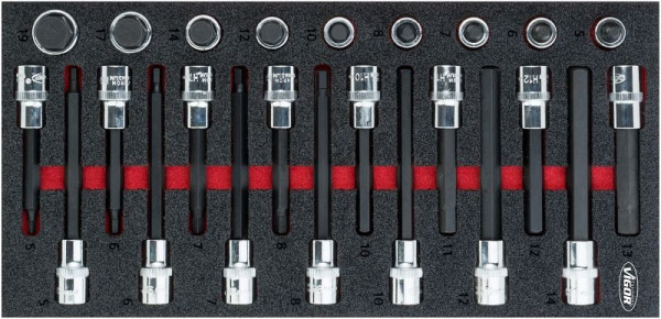 VIGOR binnenzeskant schroevendraaier bitset, hol vierkant 12,5 mm (1/2 inch), binnenzeskant profiel, 5 - 19, aantal gereedschappen: 24, V5097