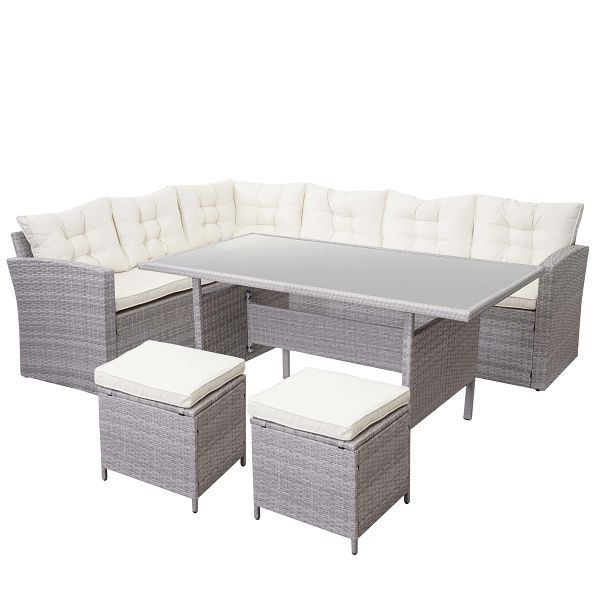 Mendler HWC-A29 poly rotan set, tuinset, lounge eettafel set, bank, lichtgrijs, creme kussens + 2x krukken, 64386+64387