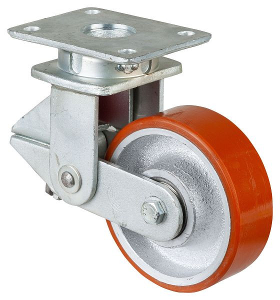 BS-wielen Veerbelaste zwaarlastwielen met rem, breedte 50 mm, Ø150 mm, tot 600 kg, polyurethaan gegoten 95 Shore A, gegoten lichaam, kogellagers, T120.C10.150