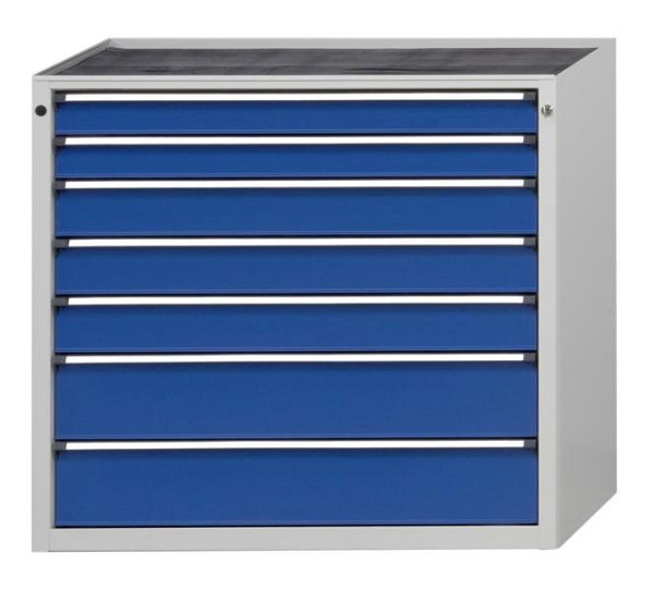 ANKE gereedschapskast; 1060 x 675 x 980 mm; RAL 7035/5010; Kuip met antislipmat; 7 laden 90, 90, 120, 120, 120, 180, 180 mm, 610.408