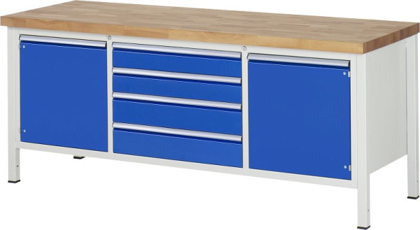 RAU werkbank serie 8000 - frameconstructie (gelast frame), drievoudige onderbak (4x lade, 2x draaideur), 2000x840x700 mm, 03-8752A2-207B4S.11