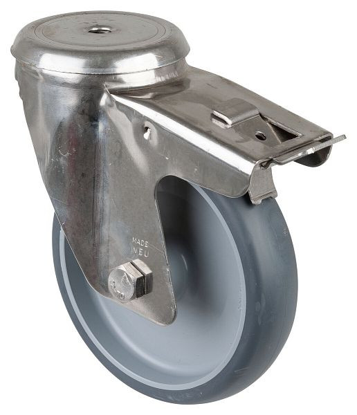 BS rollen RVS transportrol met rem, B40 mm, Ø150 mm, tot 140 kg, thermoplast grijze banden, glijlagers, H121.B43.150