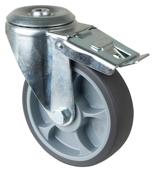 BS rollen transportwiel zwenkwiel met rem, thermoplastisch rubber wiel grijs, kogellager, achtergat, diameter: 160 mm, verpakking: 2 stuks, L121.A85.162