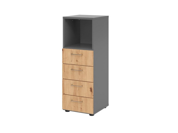 Hammerbacher ladekast 3OH, 4 laden 934S4 BS, romp: grafiet / front: knoestig eiken, 40x41,7x110 cm (BxDxH), 4 laden, metalen handgreep, V934S4/G/R/BS