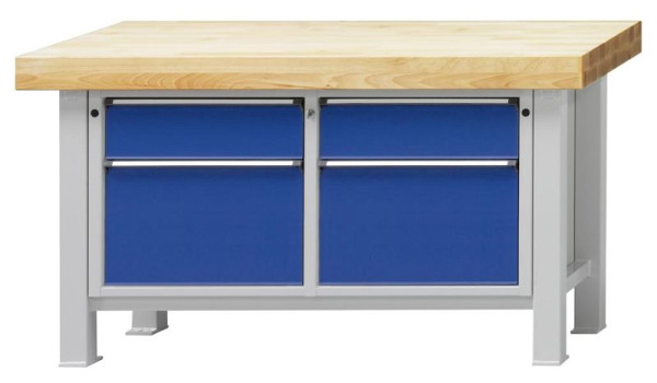 ANKE zware werkbank; 1500x800 mm; RAL 7035/5010; Beuk massieve plaat; Links 2 laden 180, 360 mm; Rechts 2 laden 180, 360 mm