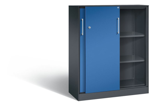 C+P schuifdeurkast Asisto, H1310xB1000xD435mm, kleur: zwartgrijs / gentiaanblauw, beugelgreep, 3 niveaus, 142032-000 S10135