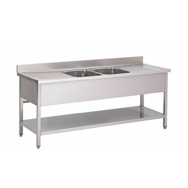 Gastro-Inox spoelbak met 2 wasbakken in het midden en onderblad, 1200(L)x600(D)x880(H)mm, 305.411