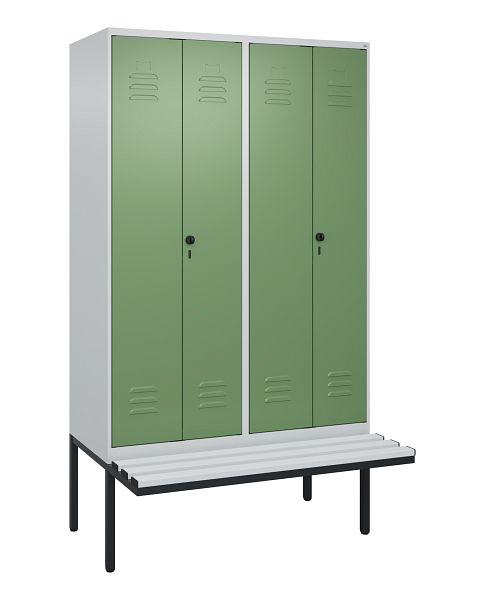 C+P Umkleidespind Classic PLUS SW, 4 Abteile, 2120x1200x815mm, 7035/6011, Drehriegel, Untergestell & Sitzfläche, 0800427-40 S10036
