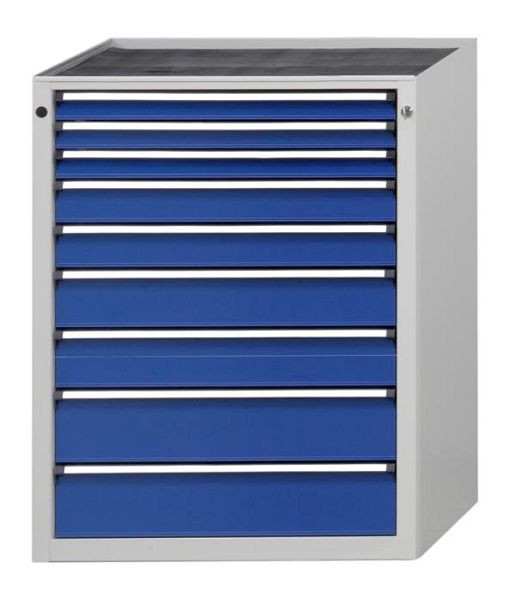 ANKE ladekast; 765x700x1020 mm; RAL 7035/5010; Massief beuken blad 40 mm; 9 laden 60, 60, 60, 90, 90, 120, 120, 150, 150 mm, 610.015