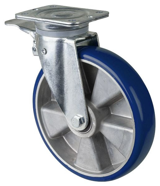 BS Rollen zwaarlastwiel zwenkwiel met rem, polyurethaan wiel 83 Shore, aluminium velg, kogellager, plaat, diameter: 250 mm, N120.B92.250