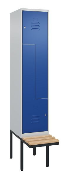 C+P Z-Spind Classic PLUS, Bank, 2 Abteile, 2120x400x815mm, 7035/5010, Zylinderschlösser, Buche-Sitzleisten, 0800437-122 S10018