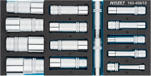 Hazet dopsleutelset, hol vierkant 12,5 mm (1/2 inch), buitenzeskant trekprofiel, 10 - 32, aantal gereedschappen: 15, 163-459/15