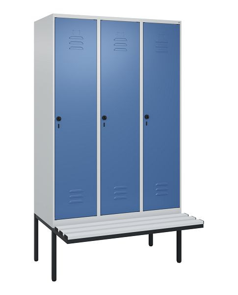 C+P Umkleidespind Classic PLUS, 3 Abteile, 2120x1200x815mm, 7035/5023, Drehriegel, je 2 Doppel-Haken, 0800407-32F S10035