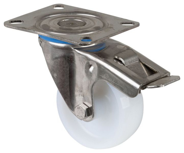 BS rollen RVS transportrol met rem, breedte 30 mm, Ø80 mm, tot 100 kg, loopvlak/wiellichaam kunststof, glijlager, plaat, H120.A90.080