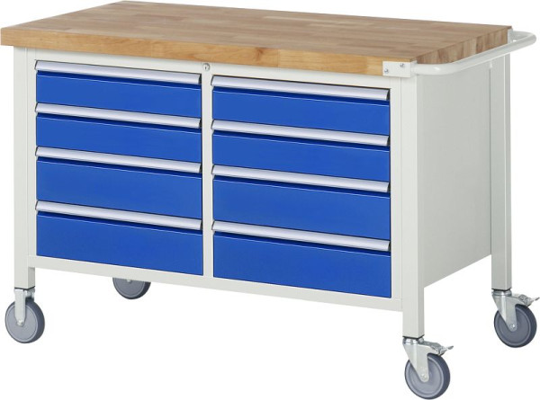 RAU verrijdbare werkbank serie 8000, dubbele bodemcontainer (8x lade), 1250x880x700 mm, 05-8477A2-127B4S.11