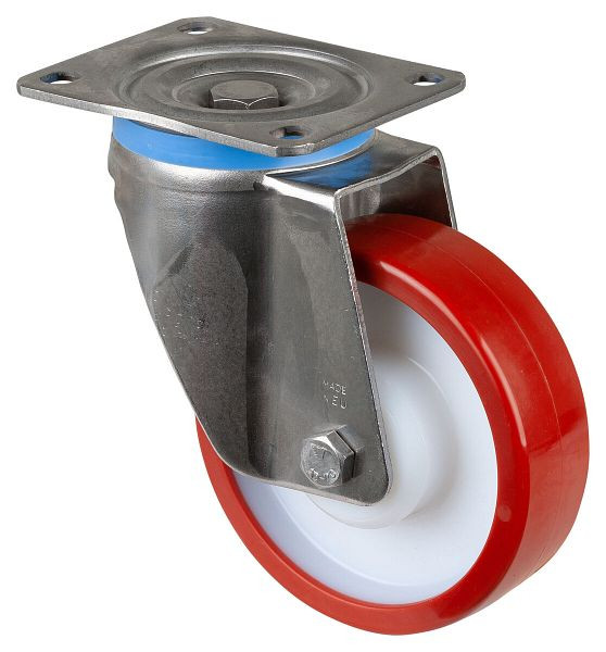 BS rollen RVS zwaarlastwiel zwenkwiel, RVS, wiel rood polyurethaan, glijlager, schroefplaat 150 mm, draagvermogen 600 kg, HS100.B27.150
