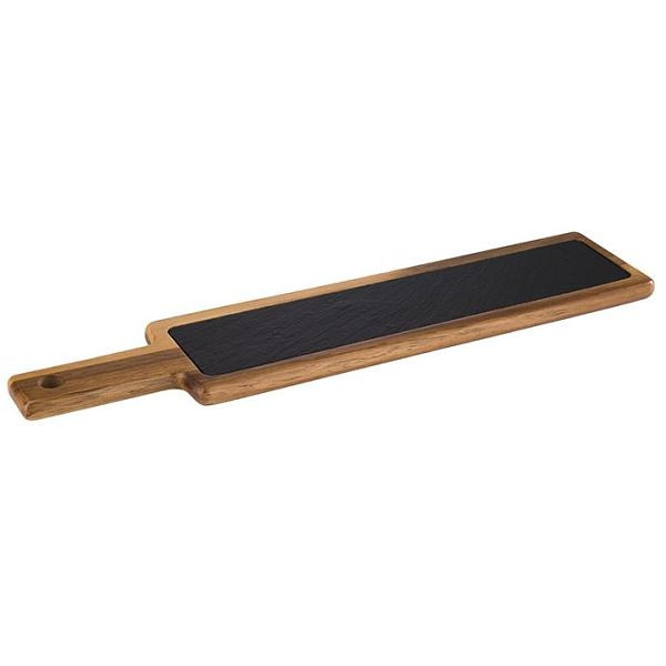 APS serveerplank, 2 delen, 43 x 12 cm, hoogte: 2 cm, acaciahout, natuurleisteen, handvat: 12 cm, met ophanggat: Ø 2 cm, 00813