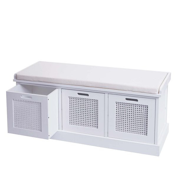 Mendler bank HWC-J49, gestoffeerde bank, garderobebank, kussens, opbergboxen, opbergvak 47x110x40cm, wit, crèmewitte bekleding, 80904