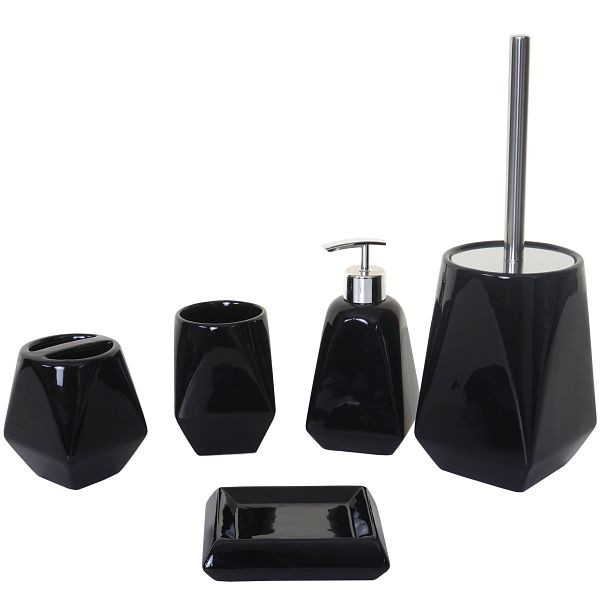 Mendler 5-delige badkamerset HWC-C71, toiletset, badkamerset, badkameraccessoires, keramiek, zwart, 61681