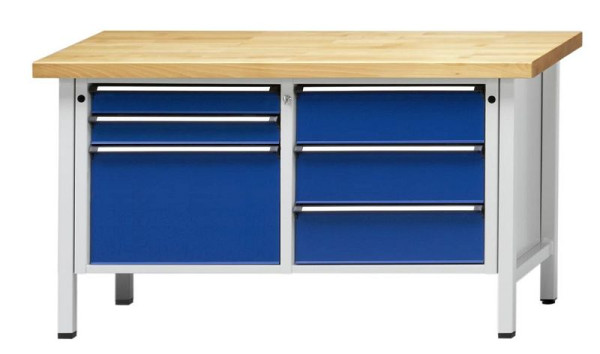 ANKE kastwerkbank; 1500x700 mm; RAL 7035/5010; Links 3 laden 90, 90, 360 mm; Rechts 3 laden 180 mm