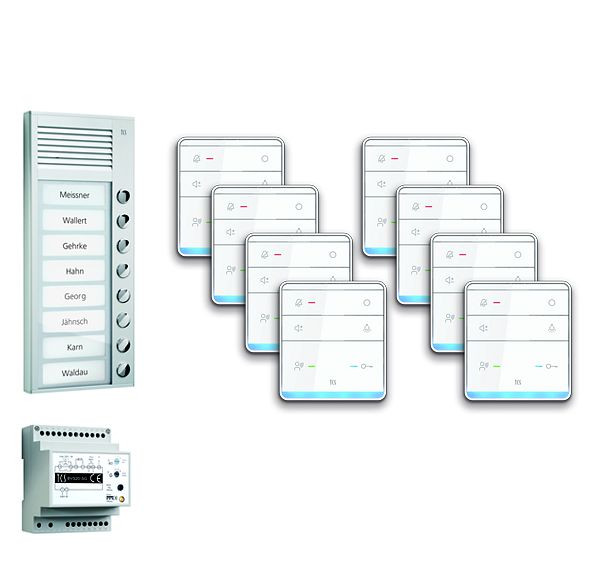 TCS deurbediening audio: pack AP voor 8 woonunits, met buitenstation PAK 8 belknoppen, 8x handsfree luidspreker ISW5010, bedieningsunit BVS20, PPAF08-EN / 01