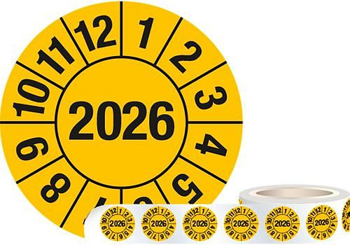 DENIOS teststicker "2026", geel, folie, zelfklevend, 30 mm, verpakking: 1 rol à 1000 stuks, 290143